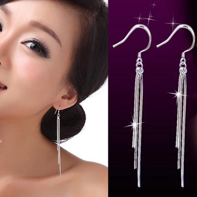 Womens Korean Version Vintage Elegant Fashion Anti-allergy 925 Silver Plated Tassel Dangle Long Ladies Wedding Hook Earrings Jewelry