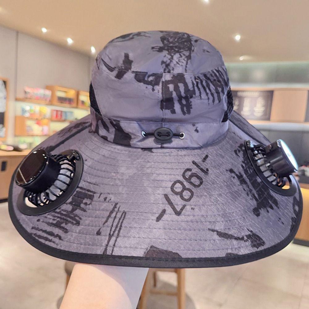 UV Protection Wide Brim Sun Cap Adjustable Sun Bucket Hat Portable Sun Hat with Solar Fan Men