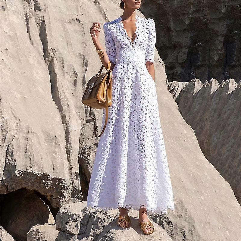 Temperament Langes Damen Sommerkleid mit V-Ausschnitt und Taille, Häkeln, Hohl, Französisch, einfarbig, Swing-Kleid XL weiß