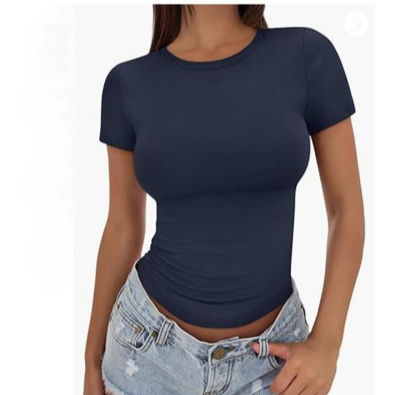 Europe beautiful woman tight spice navel short t-shirt summer slim crew neck short sleeve women's top