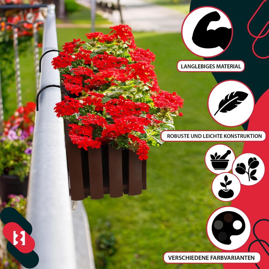 Flowerpot Balcony Terrace Box with Hooks Irrigation System Brown 40cm