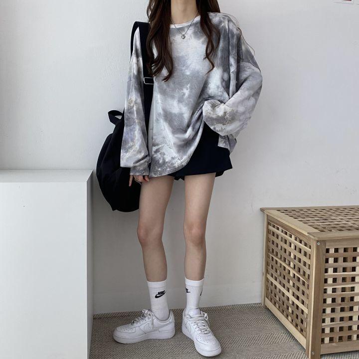 Plus Size Long Sleeve T-shirts Women Harajuku Tie-dye Autumn Loose Tops Teens Streetwear Y2k Sun-proof Clothing