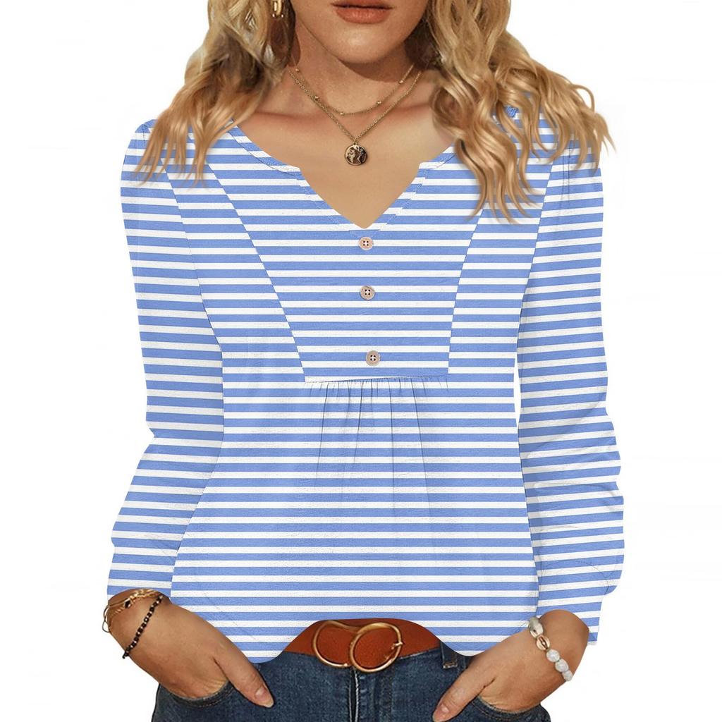 Women's Fashionable Casual V-neck Blouse Button Long-sleeved Pullover T-shirt Top
