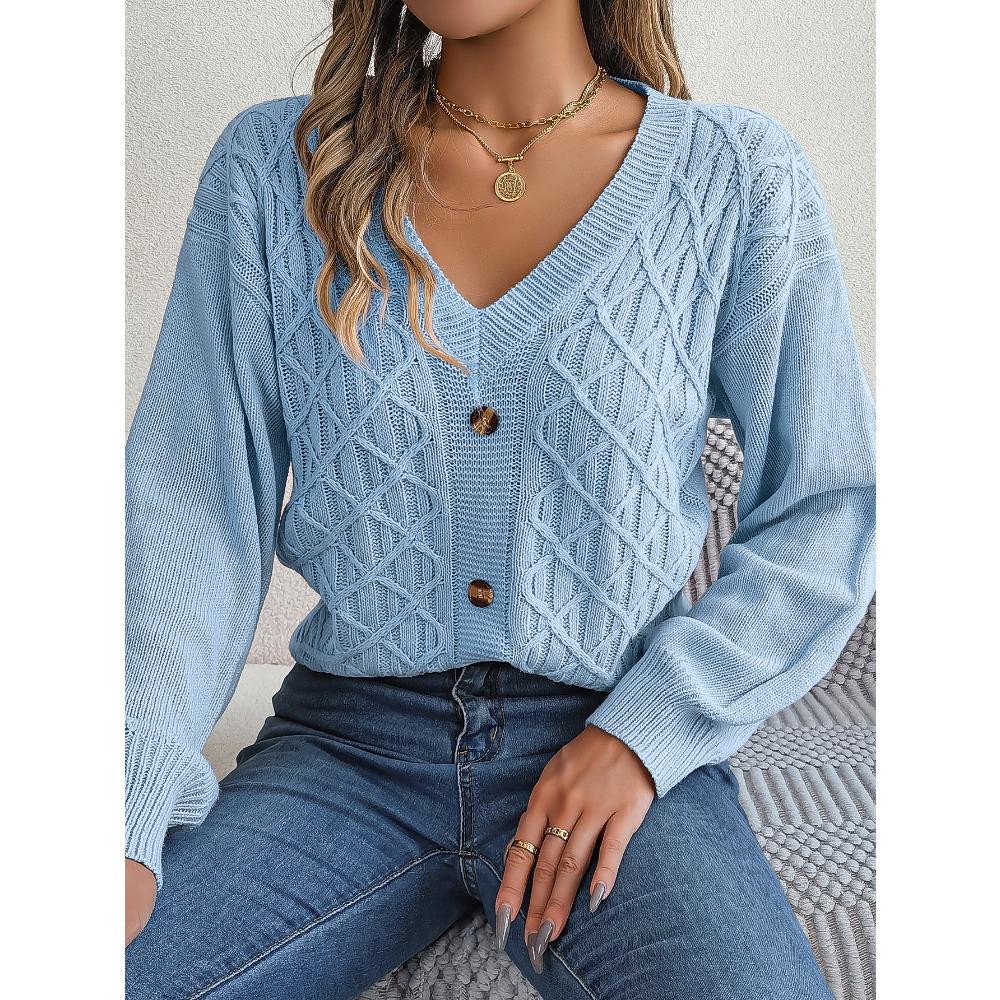 Autumn and Winter Casual Button Twist Lantern Sleeve Pullover Sweater