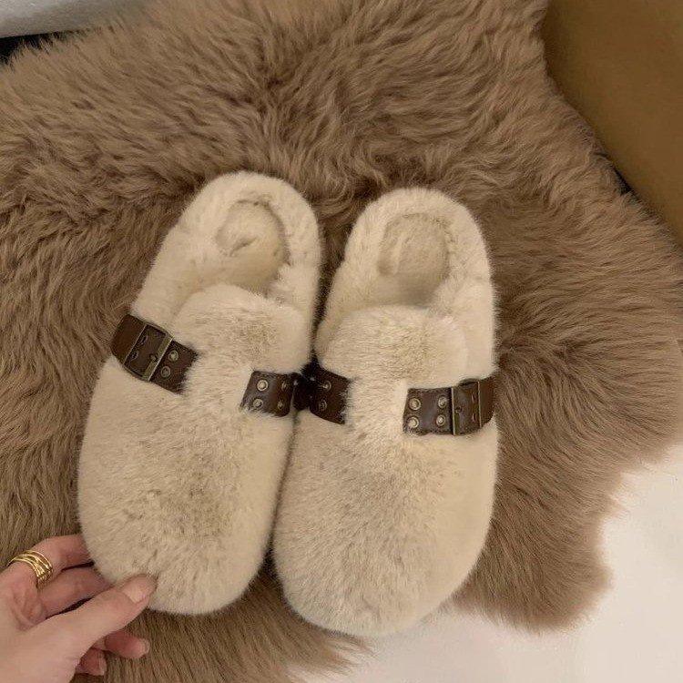 Internet Celebrity Thick-soled Fluffy Slippers Women's Outer Wear 2025 New Autumn and Winter Explosion Small Fragrant Wind Plush Bag Head Half Slipper