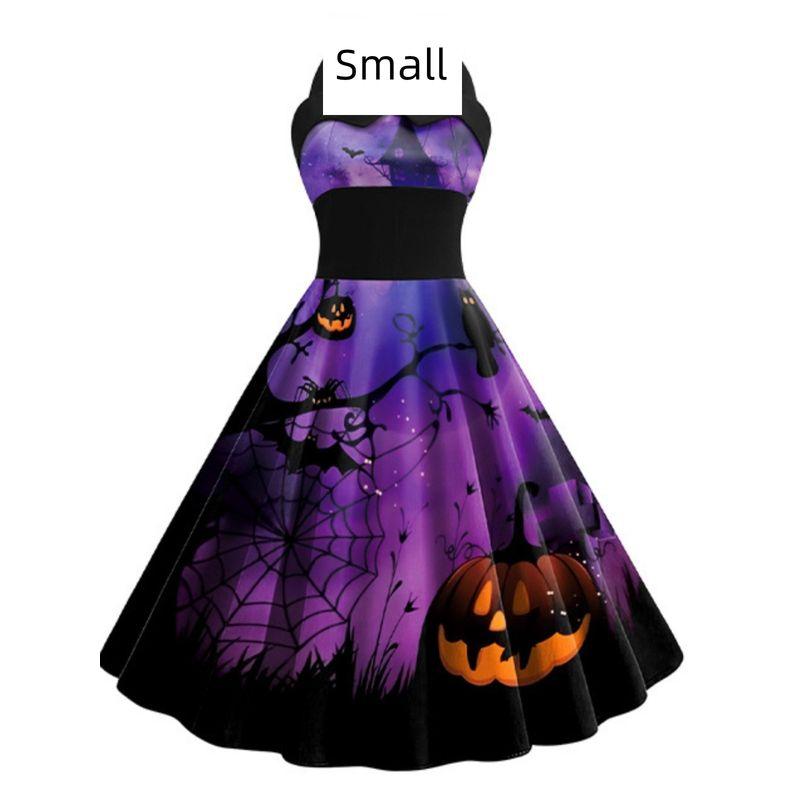 Fashion off-Neck Silm Halter Lace-up Back Elastic High Waist Halloween Pumpkin Bat Print Dress Female