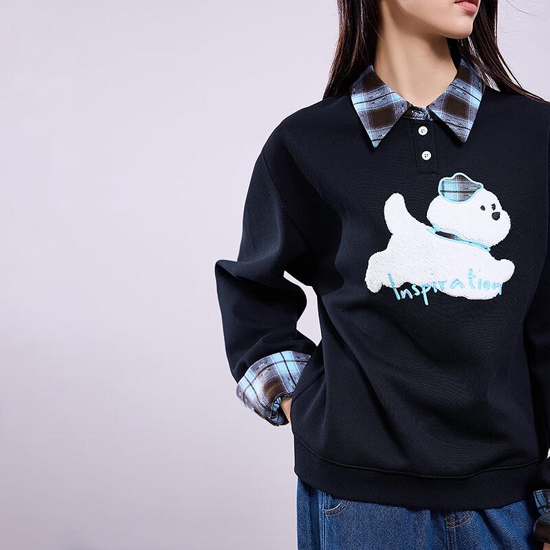 Women's Cartoon Puppy Spliced Plaid Sweatshirt