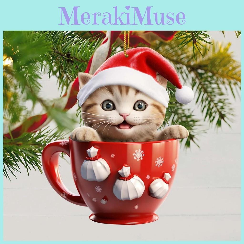 Acrylic Surface Flat Pendant With Cute Cat Wearing Christmas Hat Design Decor