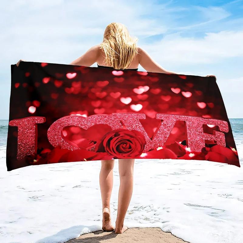 Love Heart Beach Towel, Microfiber Sand Free Quick Dry, Romantic Valentine Print, Soft Absorbent for Couples & Summer Vacation