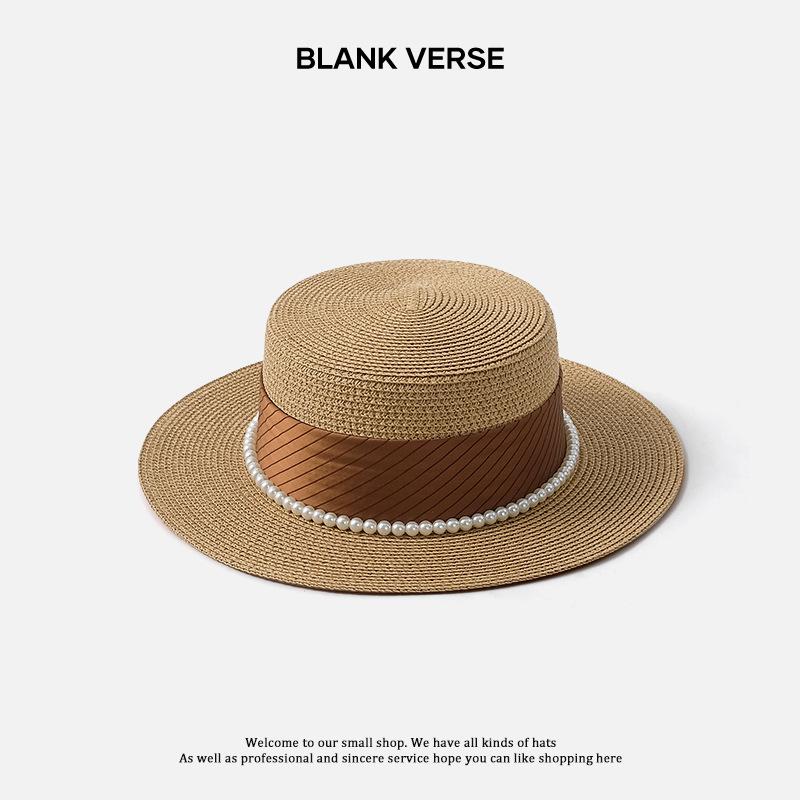 Spring and Summer Elegant Pearl Straw Seaside Sunscreen Sunshade Female Retro Celebrity Elegant Flat Top Top Top Top Hat