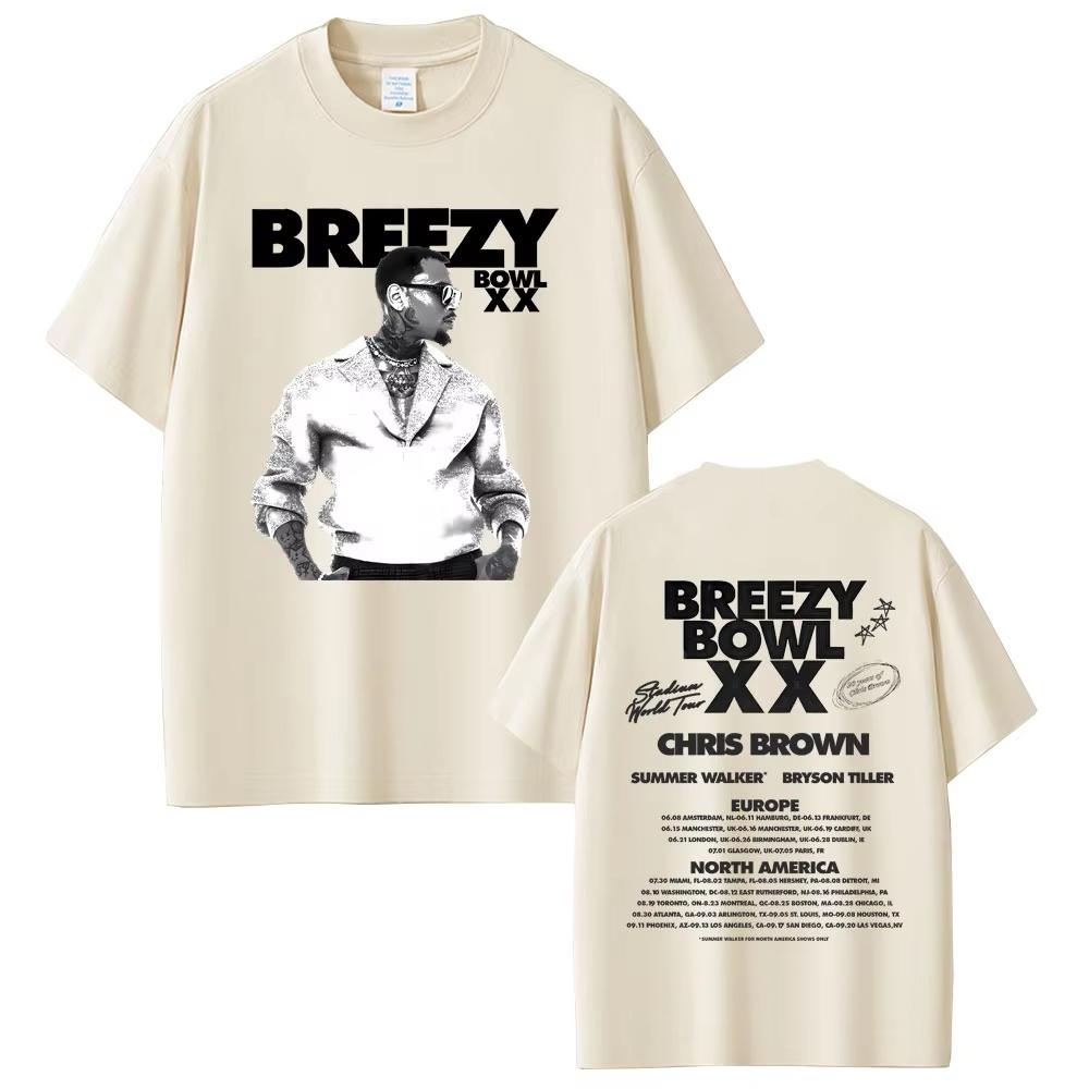 Vintage Washed Chris Brown Breezy Bowl XX Tour 2025 R&B Pop Graphic T-shirt Men Women Printed Tee Summer Casual Fashion Clothing Tops Streetwear