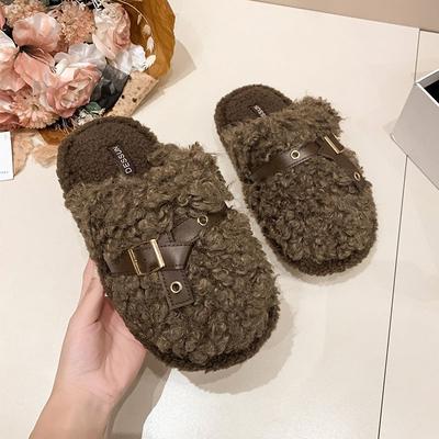 Flat Bottom Non-slip Indoor and Outdoor Plush Cotton Slippers Women's New Outer Wear Internet Celebrity Bag Head Fluffy Slippers Women