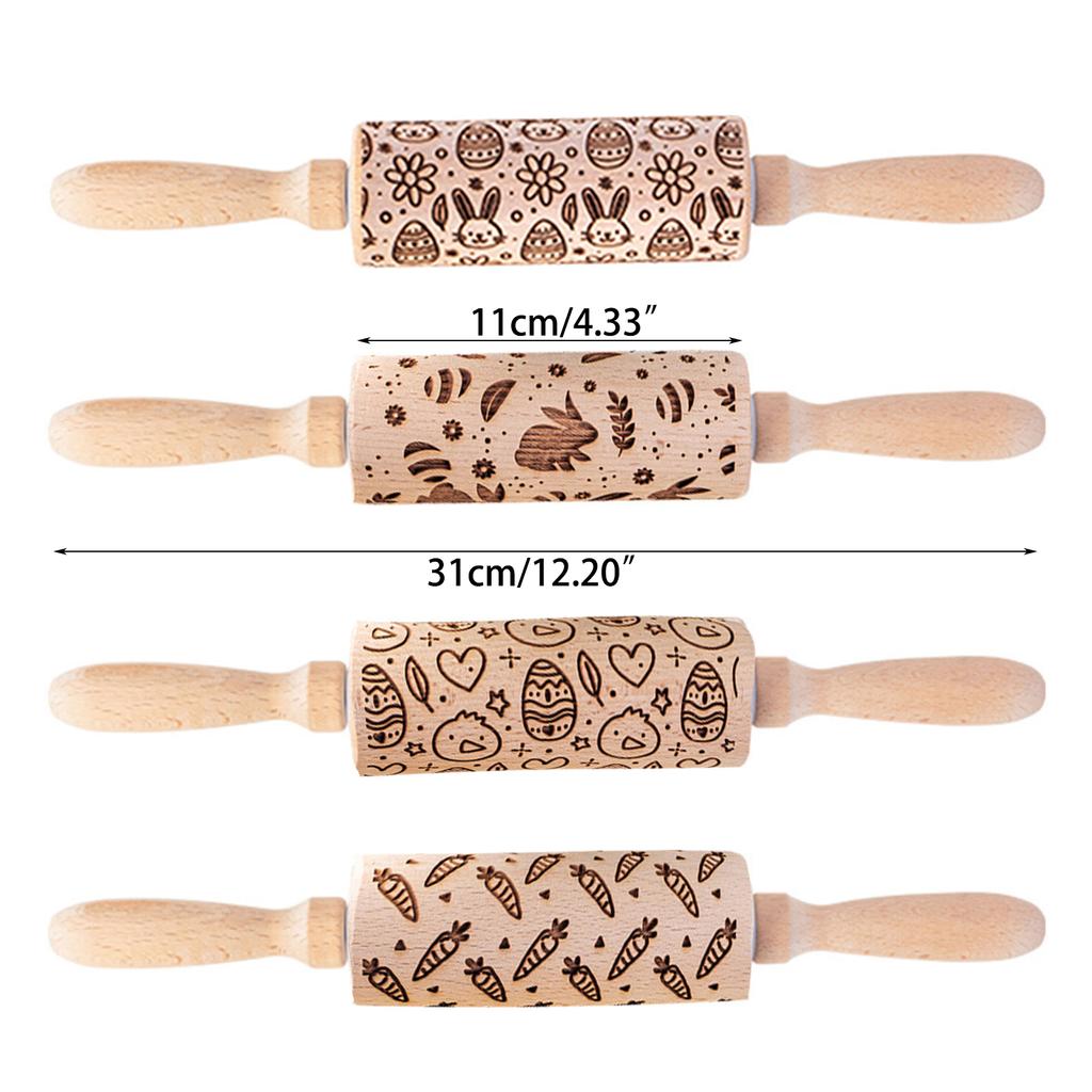Easter Pattern Rabbit Egg Carrot Chicken Embossing Wood Stamps Rolling Pin Baking Cookie Fondant Cake Textured Roller