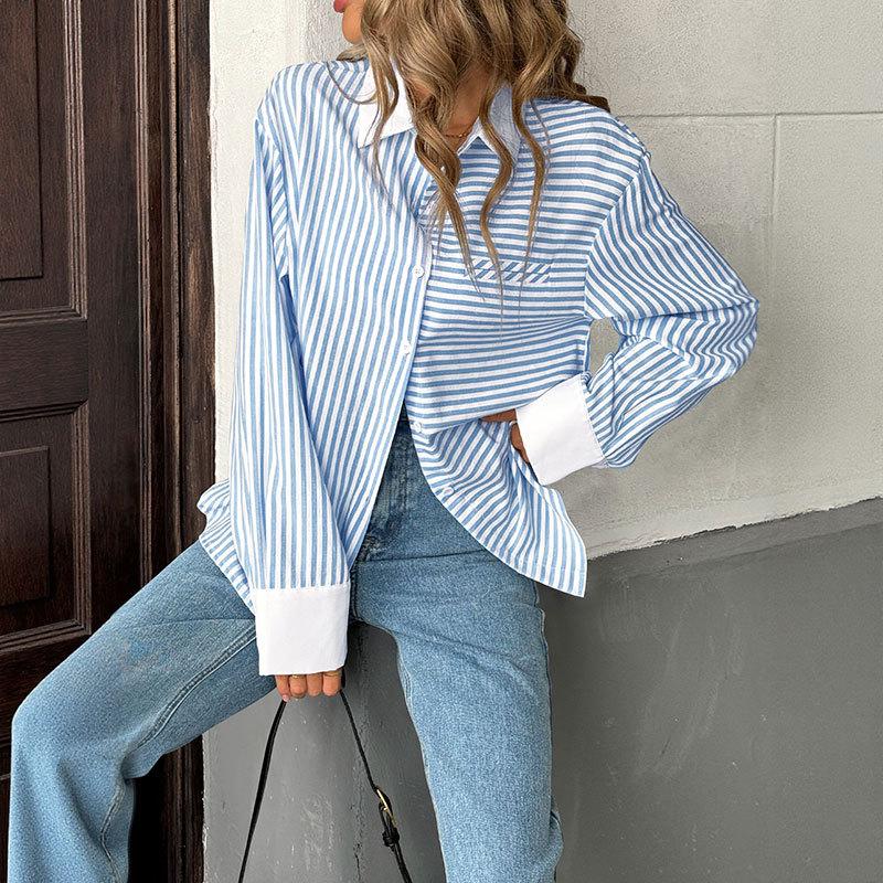 Women Spring Fall Button Down Stripes Shirt Casual Loose Collared Long Sleeve Oversized Blouse Shacket