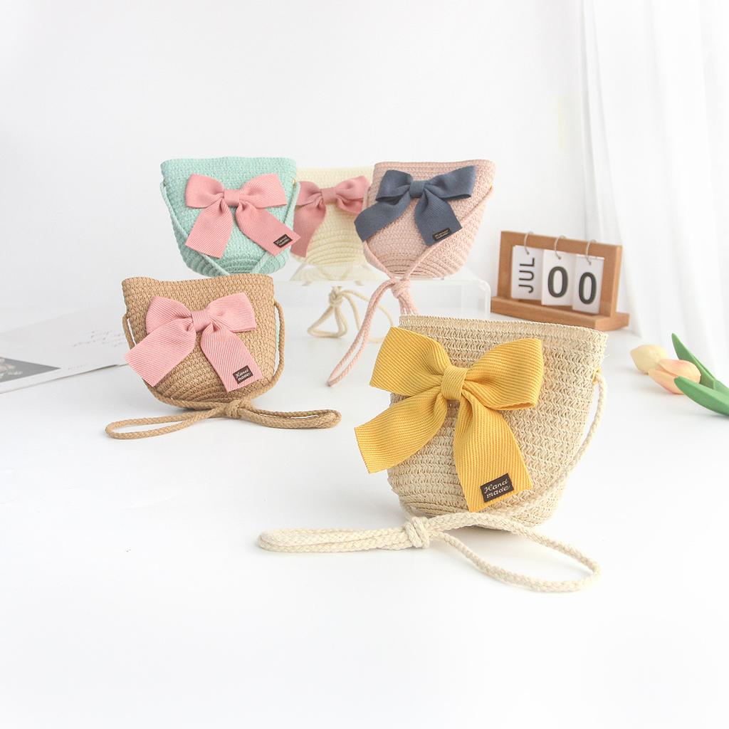 2026 New Summer Braided Children's Sunshade Straw Hat Lace Bow Braided Sun Hat Bag 2 Sets