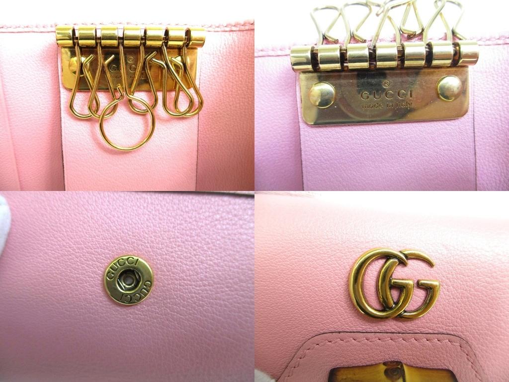 Authentic GUCCI Double G Bamboo Pink Leather 6 Pics Key Chain #a611 Refurbished