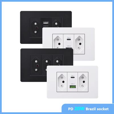 Brasilien Standard 20A Wandsteckdose PD 3.0 20W Typ-C Dual-USB Schnellladebuchse 118*75mm Flammhemmendes PC-Panel USB-Buchse