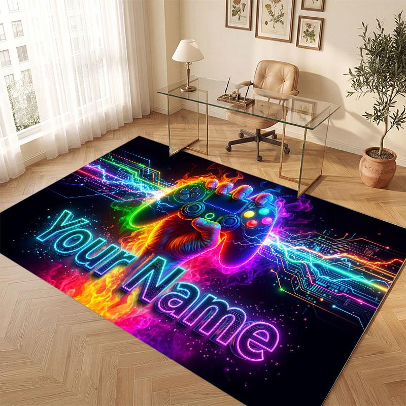 Neon Colorful Theme Crystal Velvet Floor Rug Personalized Custom Name Text Warm Carpet Home Decoration