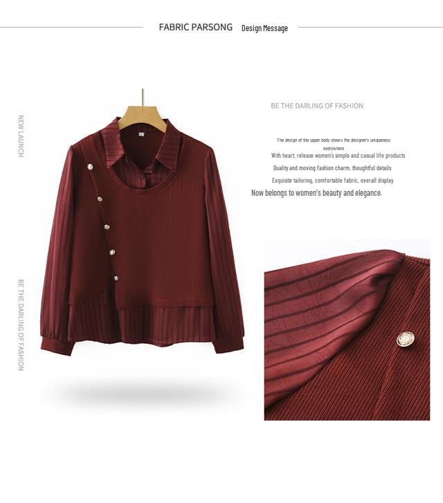 Stylish Knit Top for Middle-Aged and Elderly Women: Slimming, Loose, Faux Two-Piece, Long-Sleeved, Perfect for Spring and Autumn.