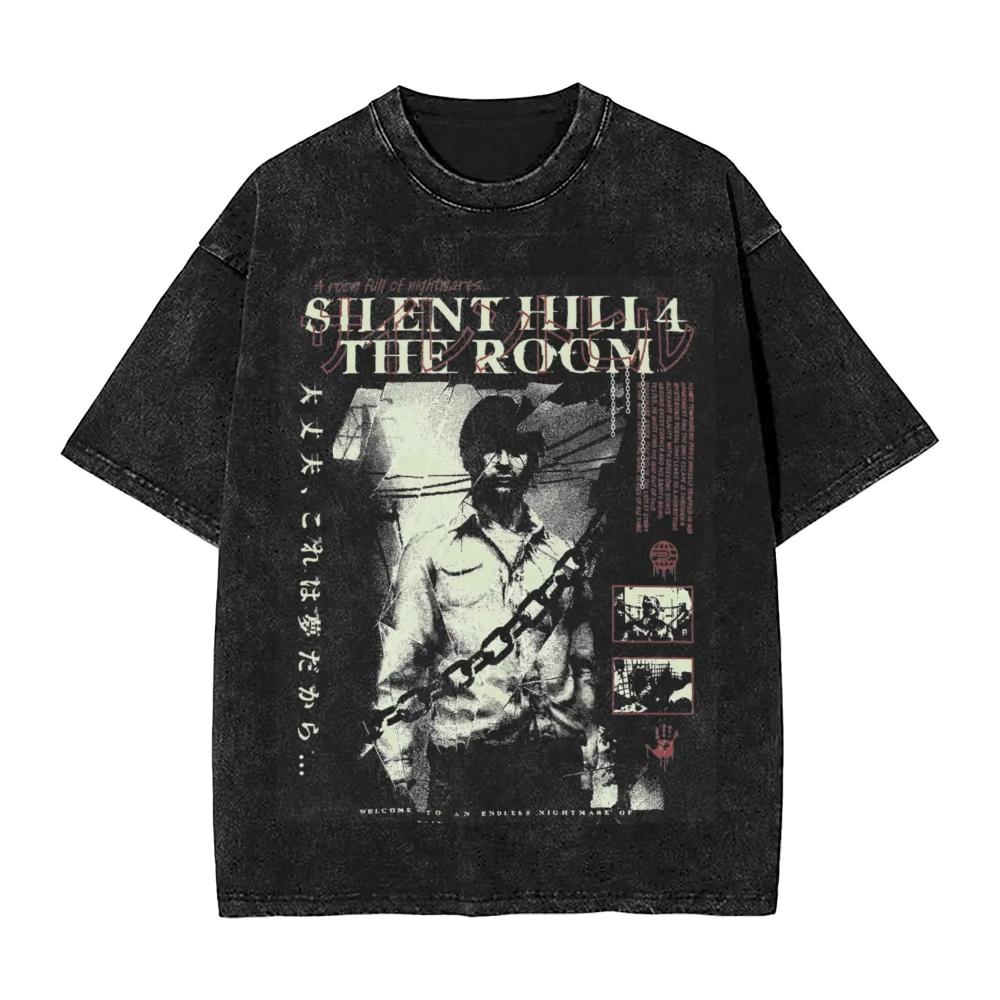 

Випрані футболки Жахи Silent Hill Ніч Небес Хіп-хоп Футболка Вуличний Вуличний одяг З коротким рукавом Футболки з принтом Чоловіки Жінки M бежевий