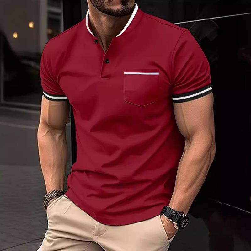 Men's Spring New Solid Color Stand Collar Pocket Casual Versatile Short Sleeve Top