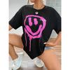 Pink Smiley Face and Letter Print Short-sleeved T-shirt Casual and Versatile Style Suitable for Summer Daily Wear and Going Out