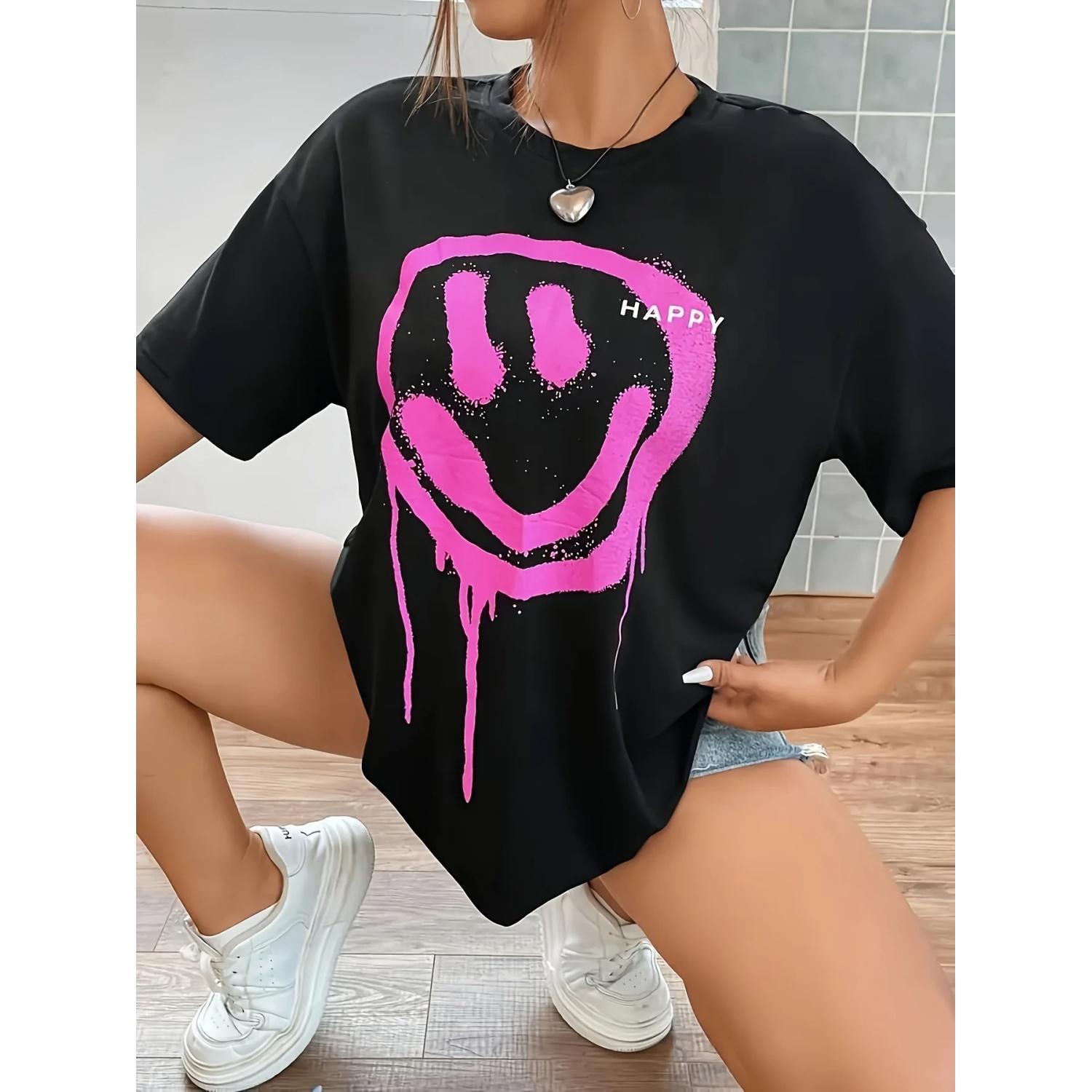 Pink smiley face and letter print short-sleeved T-shirt casual and versatile style suitable for summer daily wear and going out S чёрный