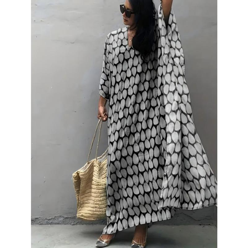 Plus Size Women's Leaf Print Beach Beach Holiday Batsleeve Bikini with A Dress