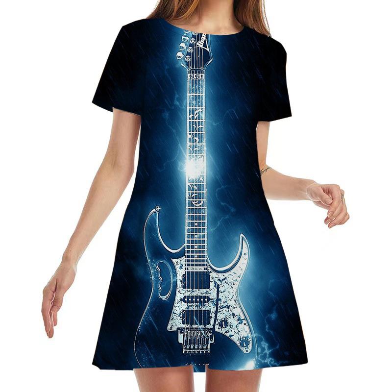 

Guitar 3D Pattern Print Women Dress Summer Fashion Street Hip Hop Rock Music A-Line Dress Casual Short Sleeve Party Mini Dresses S