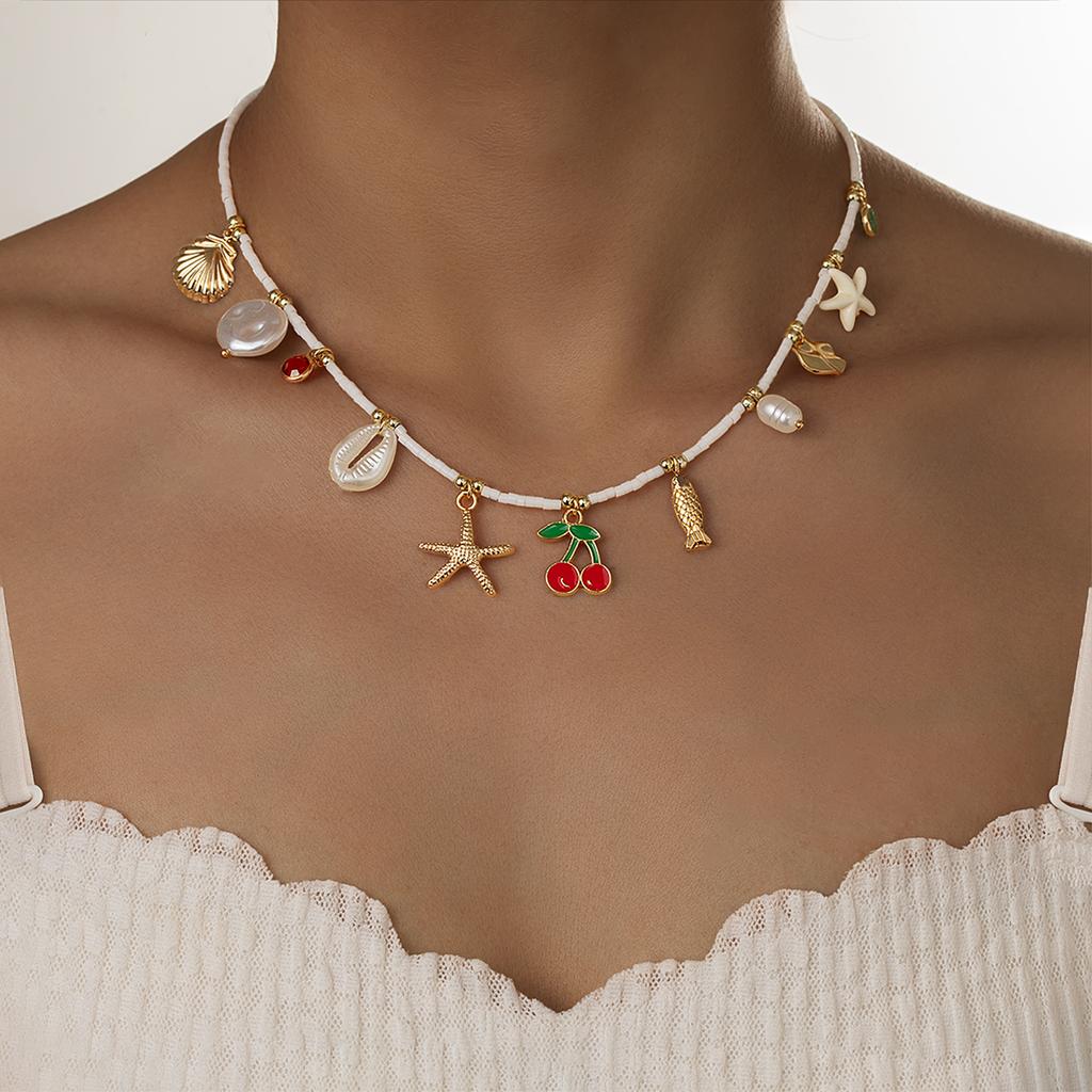 Sweet and Cute Cherry Chili Pendant Necklace Beach Wind Alloy Starfish Shell Tassel Rice Bead Necklace