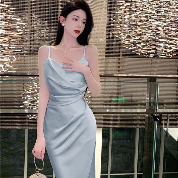 Real Shot Summer New French Blue High-end Atmosphere Fashion Slim Temperament Women's Design Suspender Dress