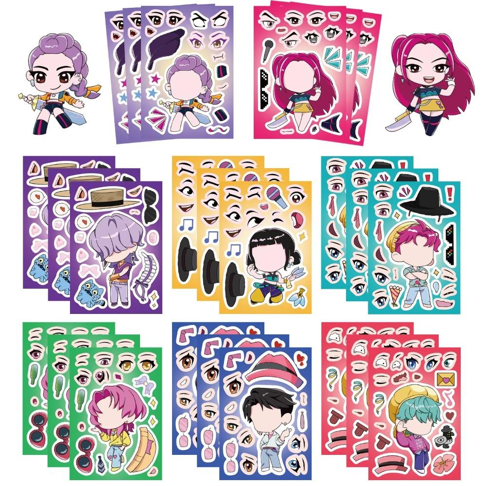 A 8/16Sheets Funny Kpop Demon Hunters Make A Face Puzzle Stickers Kids Make Your Own DIY Game Children Jigsaw Education Toy Gift