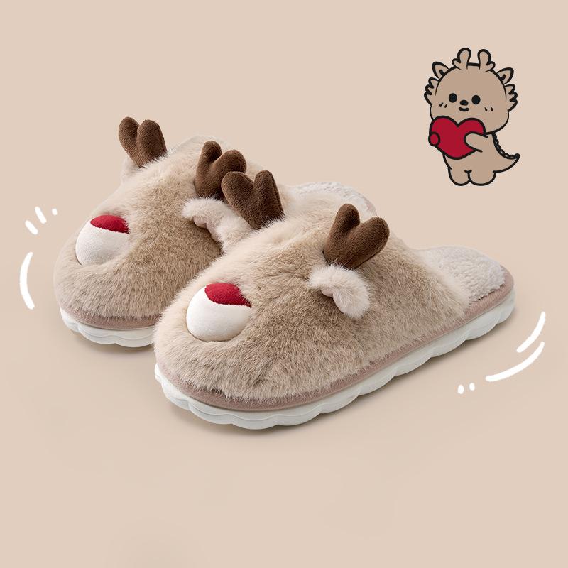 Cartoon elk horn fluffy slippers 2025 new autumn and winter indoor home non-slip can be worn outside warm cotton slippers