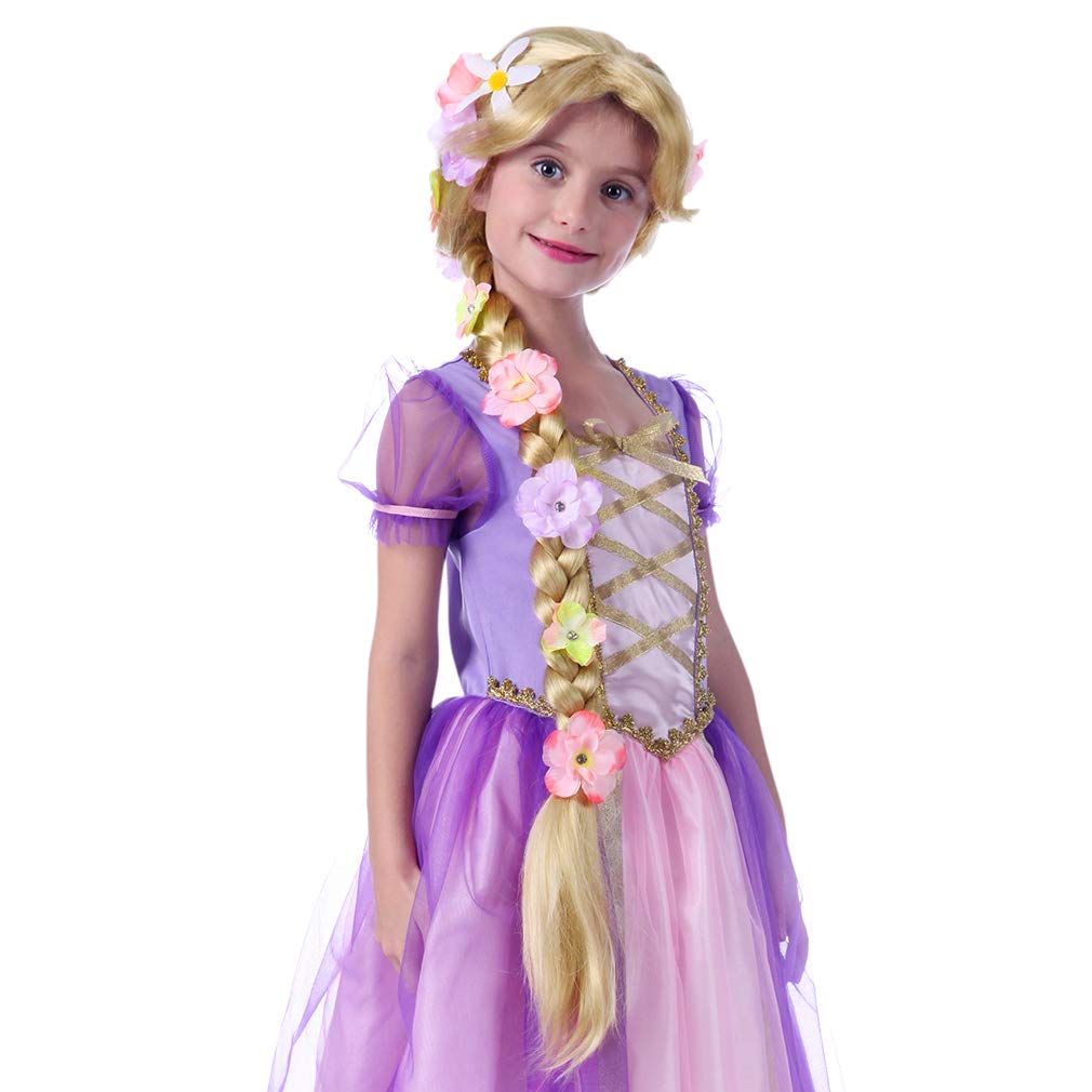 Girls Long Braided Wig with Flowers Cosplay Princess Costume Wig Children's
