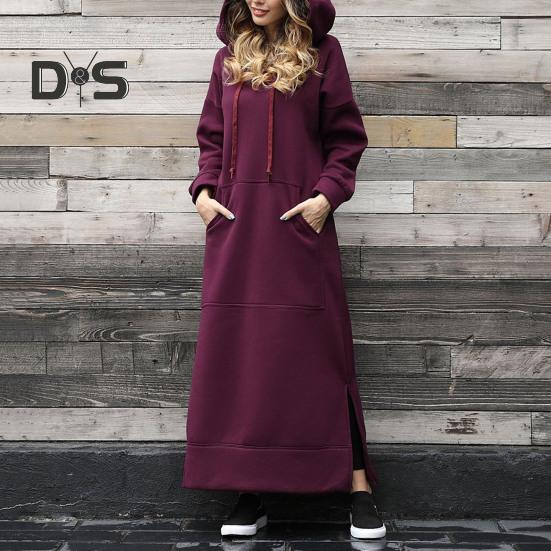 Kvinner Høst Vinter Ensfarget sweatshirtkjole Hette med snøring Langermet frontlomme sidesplitt maxikjole