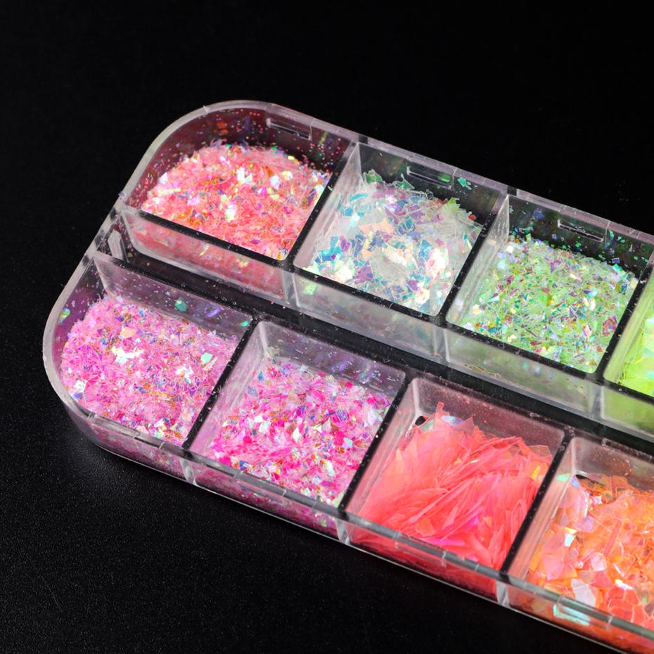12 Grids Aurora Chameleon Nail Glitter Flakes Irregular Crystal Glass Sequins Powder Shiny Mermaid Paillette Nail Art Decoration