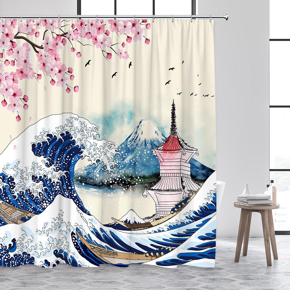Japanese Style Shower Curtain Sea Wave Cherry Blossom Floral Ink Bamboo Mountain Scenery Bathroom Curtains Polyester Home Decor