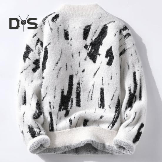 Men Winter Sweater Contrast Color Graffiti Thick Plush Half-high Collar Elastic Knit Long Sleeves Daily Wear School Dating Sweater