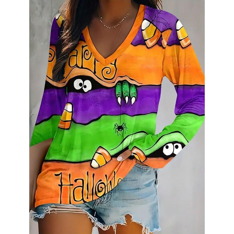 

Женская футболка с V-образным вырезом и длинными рукавами с принтом, модный повседневный топ, одежда-пуловер 3XL
