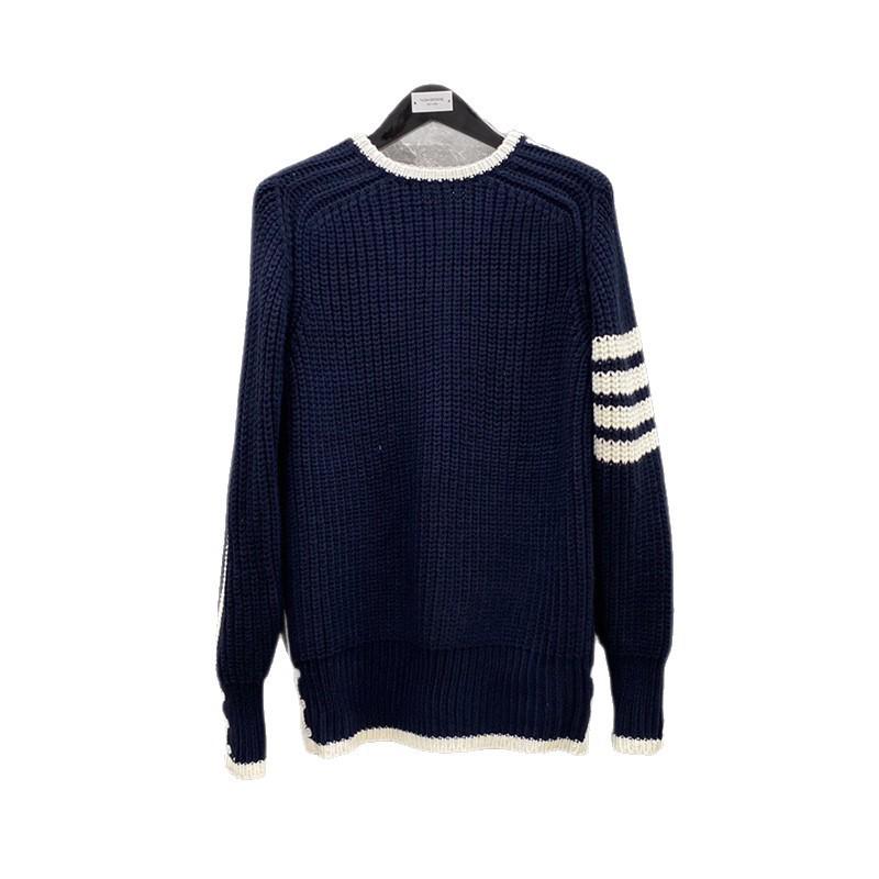 Unisex Chunky Knit Pullover: Four-Bar White-Edged Round Neck Sweater for Autumn & Winter