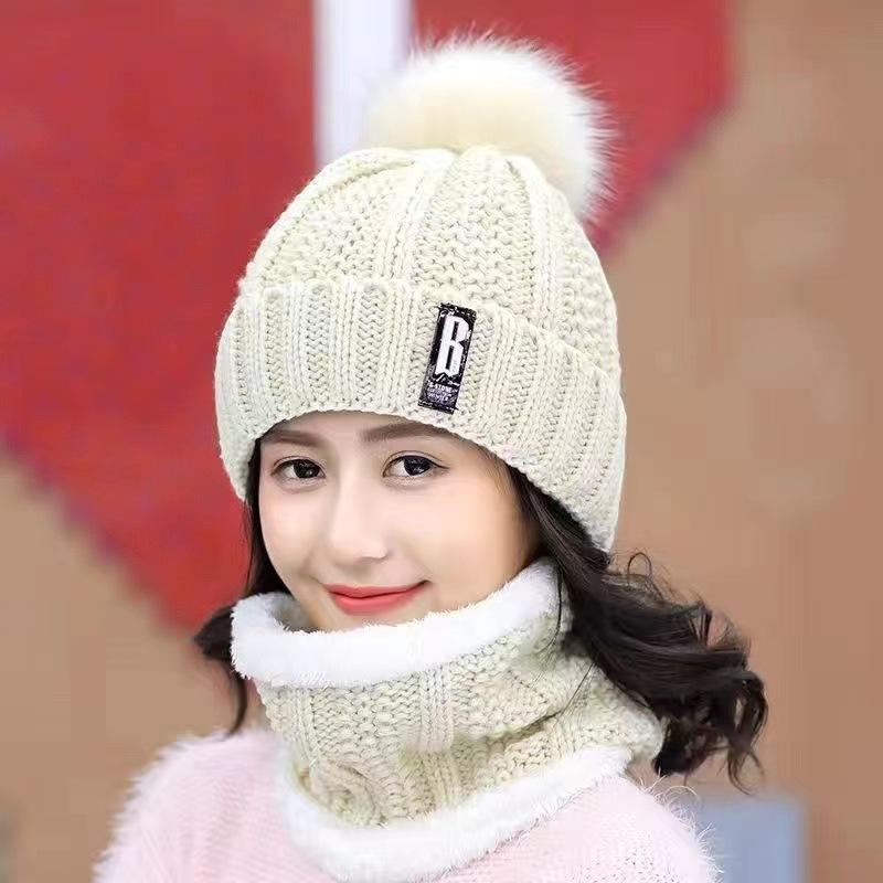 Women's Winter Korean Wool Hat with Velvet, Thick Scarf, and Knitted Ear Protection for Warmth and Style While Biking