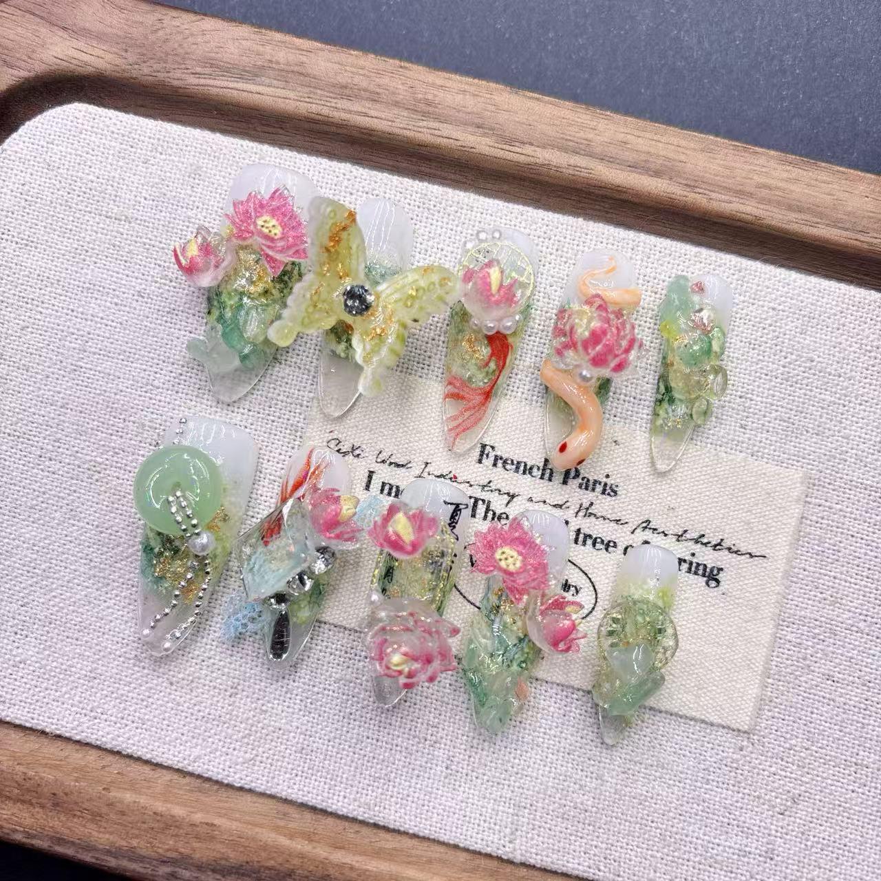 New Green Lotus 3D Chinese Style Medium-Long Pointed Fake Nails, Whitens, Pure Handmade, Wearable Art