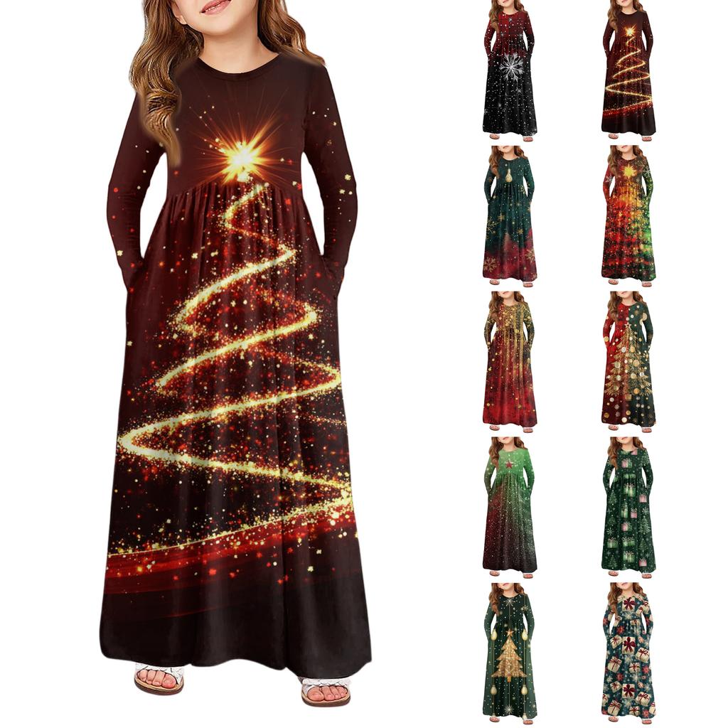 Девичье платье макси - Платье с длинным рукавом и карманом на Рождество