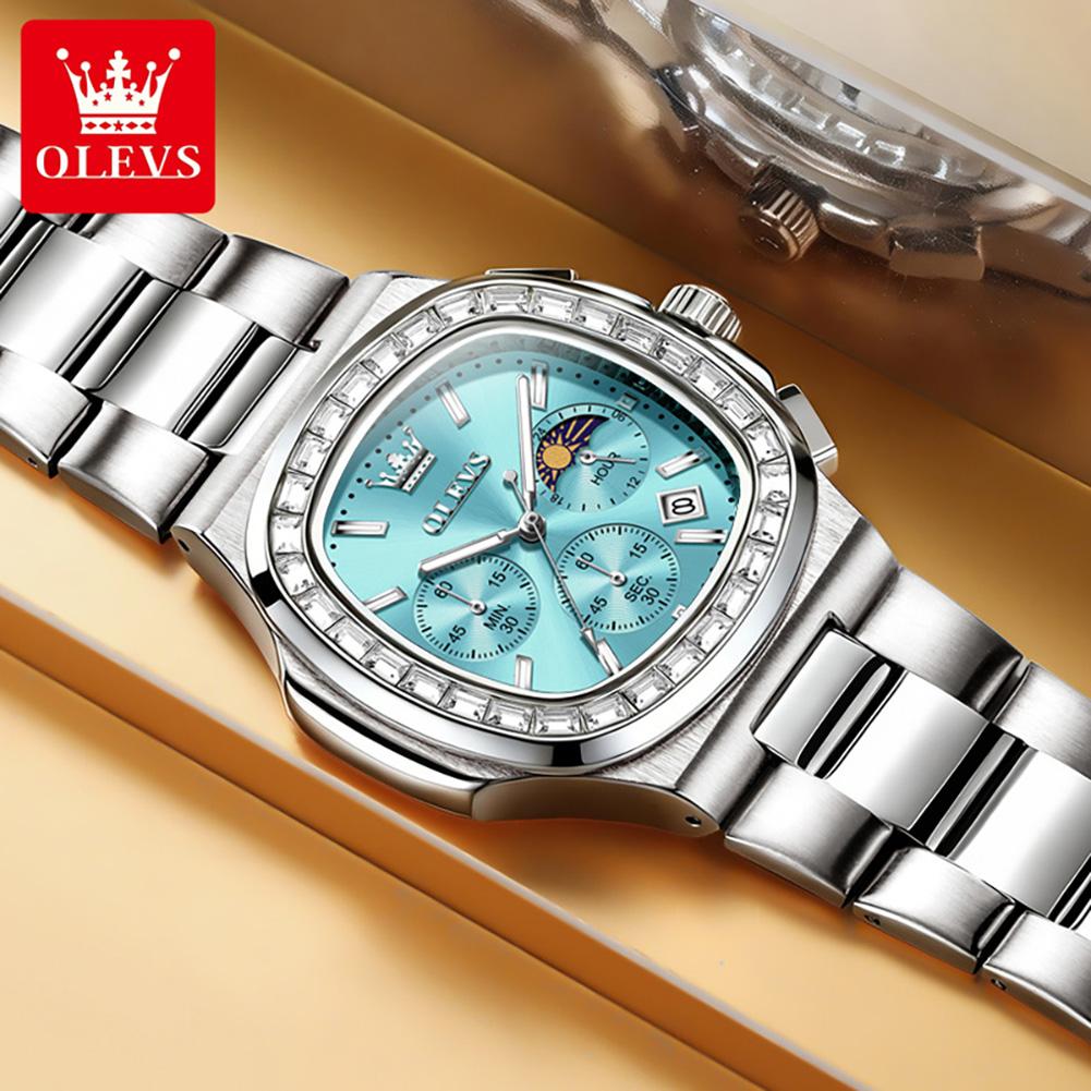 OLEVS 44MM Mens Watch Original Luxury Trendy Square Quartz Watch Moon Phase Waterproof Luminous Watches For Man Box Gift 3739