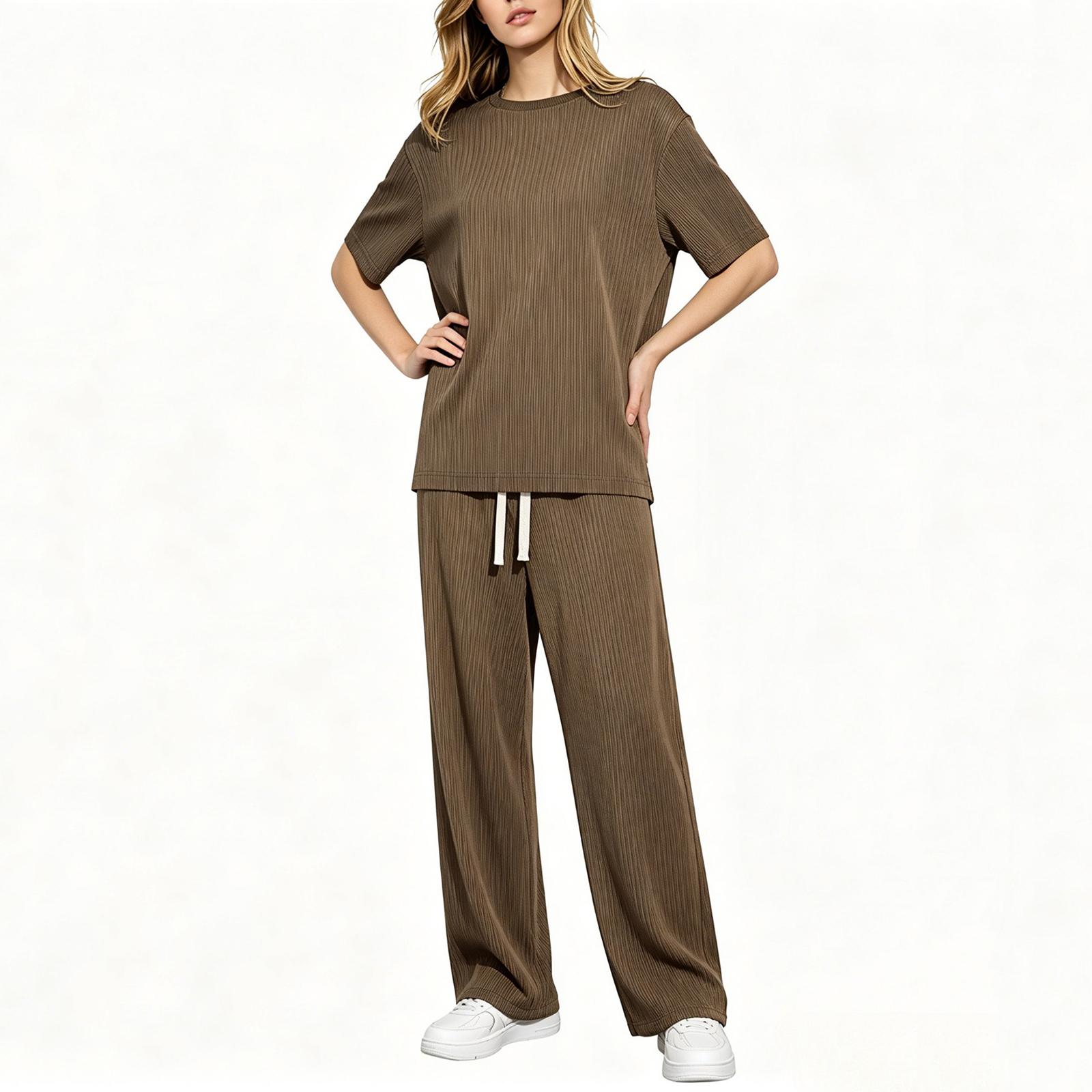 

Women s Casual Round Neck Pullover Short Sleeve Top with Drawstring Waist Long Pants Lounge Set for Everyday Wear XL кофейный