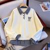 Women's Plaid Patchwork Polo Collar Hoodie - 2025 Niche Loose-Fit Autumn/Winter Top