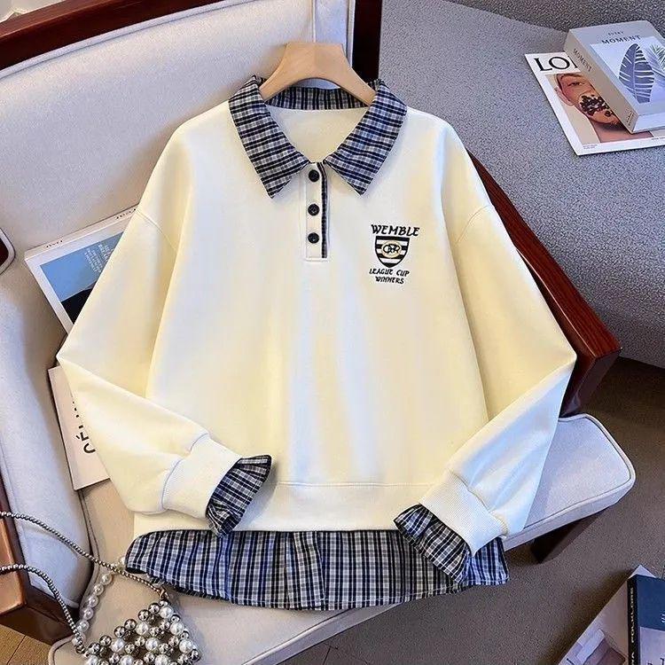 Women's Plaid Patchwork Polo Collar Hoodie - 2025 Niche Loose-Fit Autumn/Winter Top