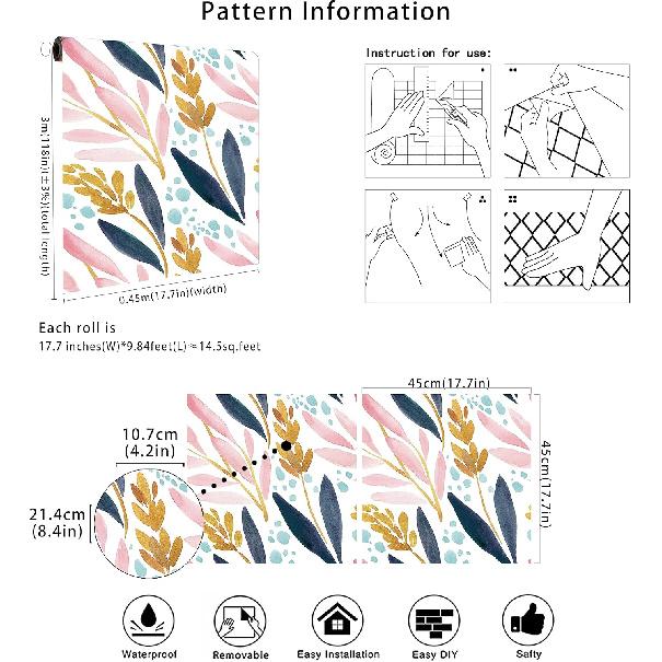 HAOKHOME Watercolor Forest Peel and Stick Wallpaper Removable White/Pink/Navy/Yellow Floral Vinyl Self Adhesive Shelf Liner 17.7in x 9.8ft