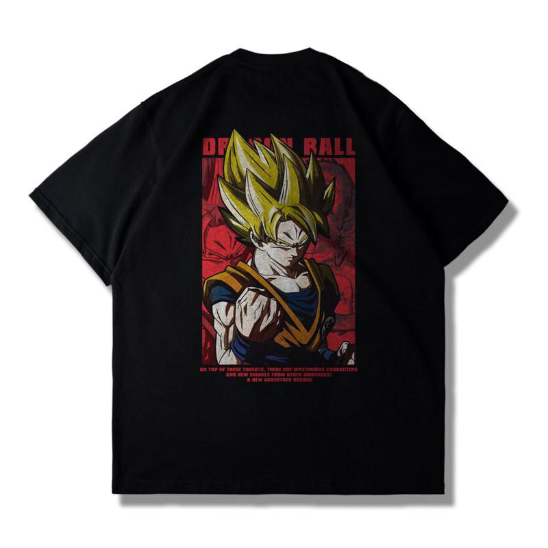 The Anime Dragon Ball Collaboration Black Goku Shortsleeved Tshirt for Men and Women in Loose Black and White for Summer