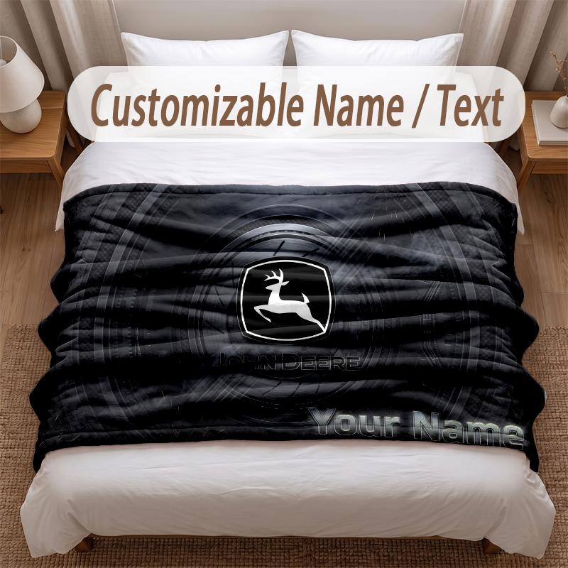John Deere Printed Flannel Blanket Custom Name Text Soft Warm Throw For Bedroom Holiday Gift